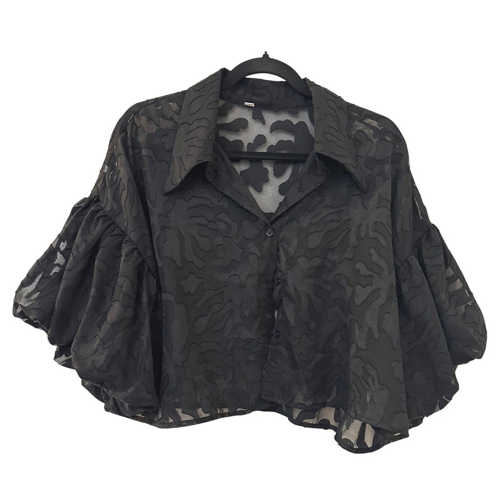 SHEIN Womans Black Sheer Burnout Cropped Puff Sleeve Top Size M Whimsigoth